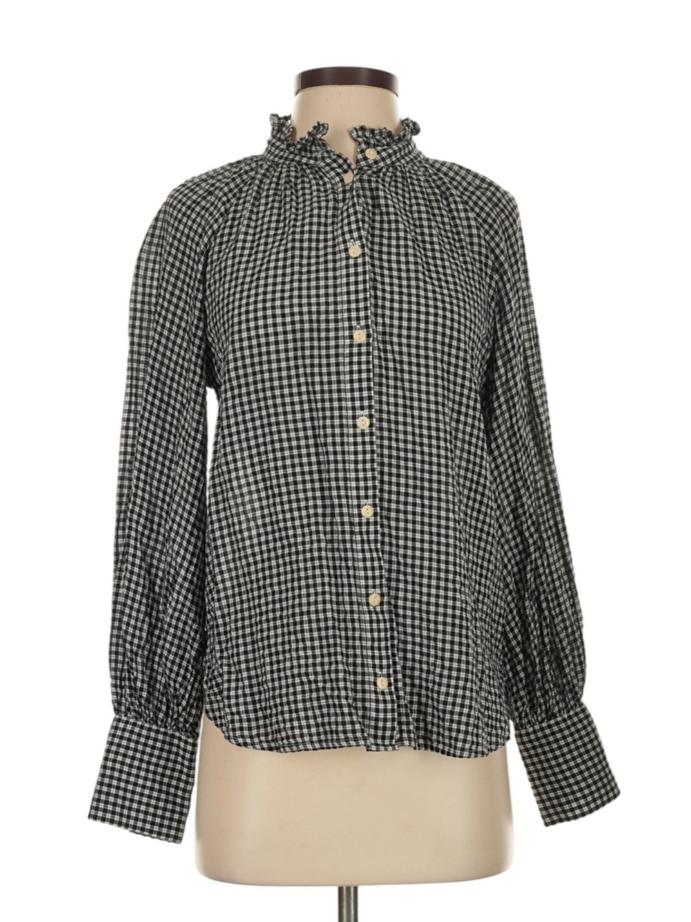 J. Crew Ruffleneck Button Up Shirt in Plaid Soft Gauze 2 Black White Fall NWT